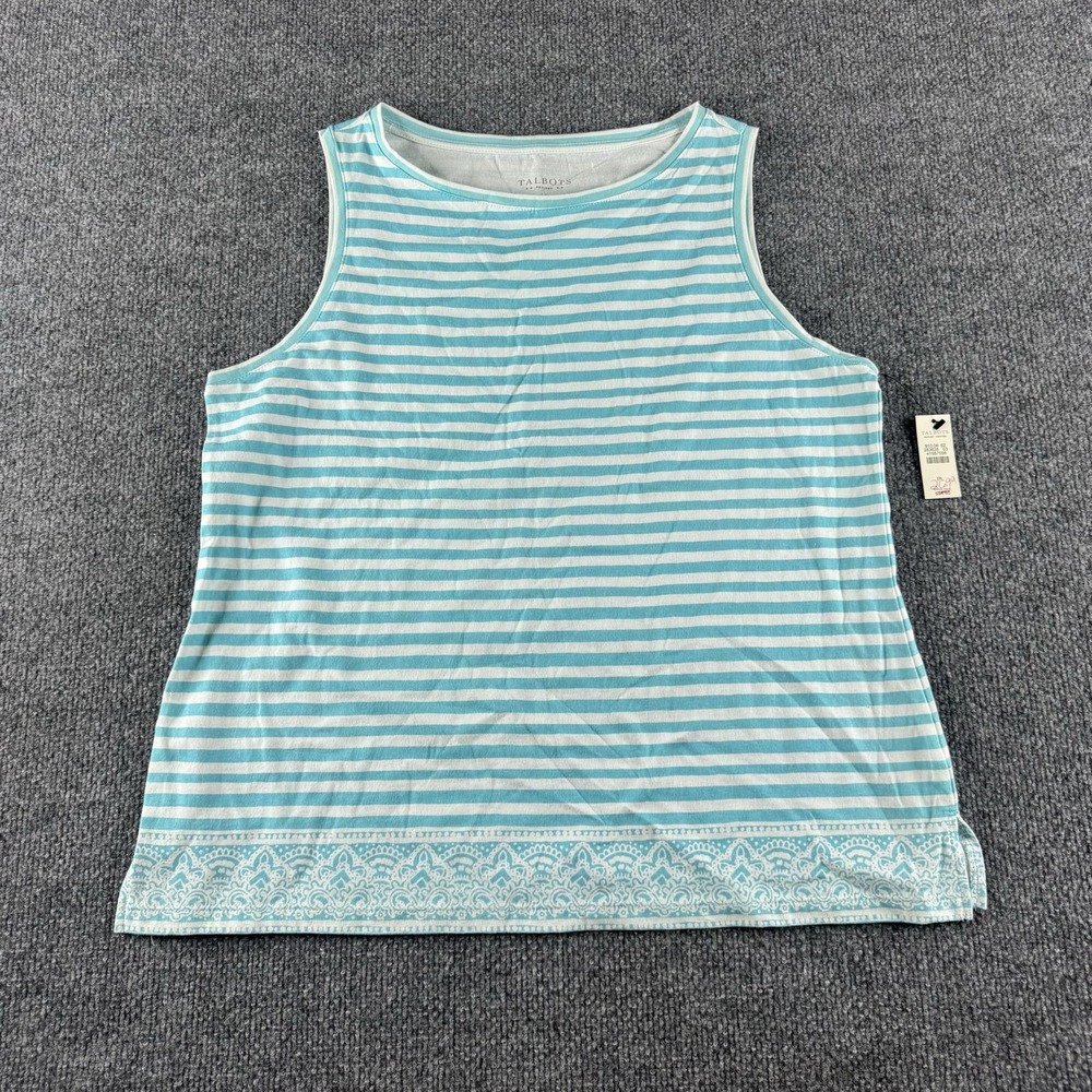 Talbots Tank Top Womens Petites PL Blue White Striped Border Print Cotton